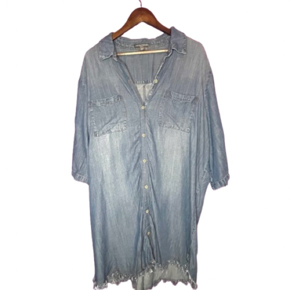 Chelsea & Theodore Women’s Plus Chambray Button Up Distressed Hem Dress 3X